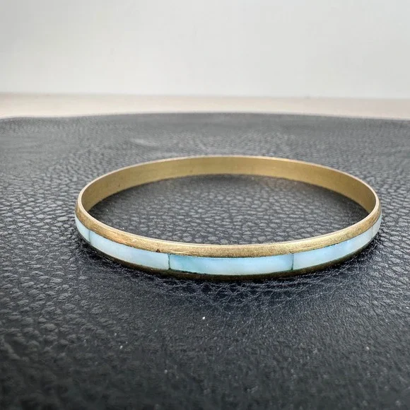 Vintage Brass Mother of Pearl Inlay Bangle Southwestern Boho Natural Shell - Picture 6 of 8